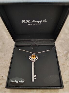 Macy's Sterling Silver Key Necklace with Amber Heart Stone